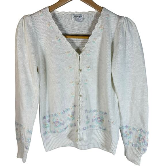 Vintage Margules Embroidered Floral Knit Cardigan Ramie Cotton Sweater Small - Picture 1 of 6